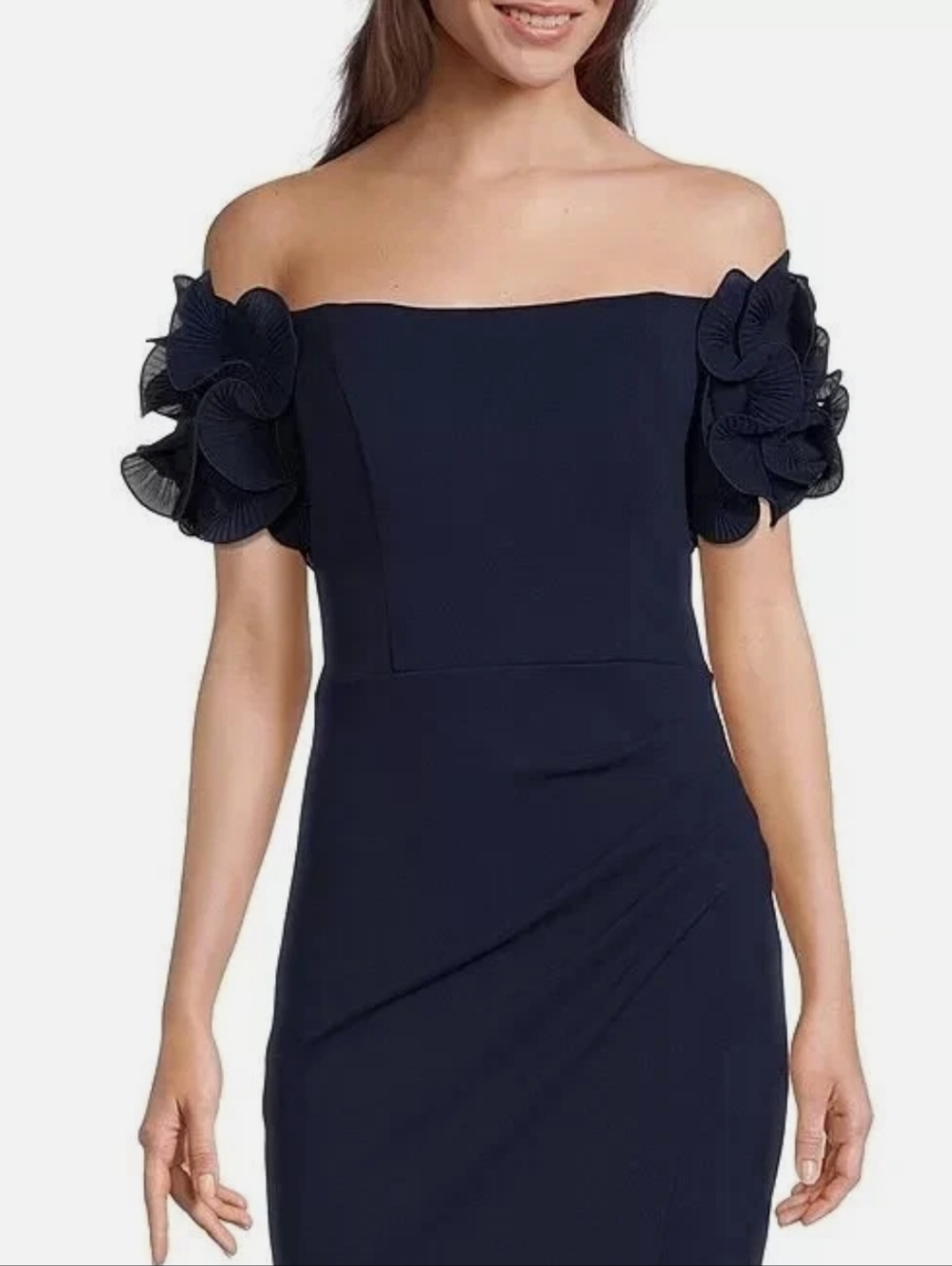 Xscape Navy Blue Rosette Off-the-Shoulder Short Sleeve Ruffle Gown Size 10 NWT
